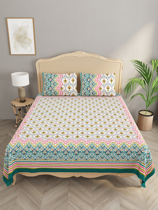 Ikat Print Super King Cotton Bedsheet with 2 Pillow Covers
