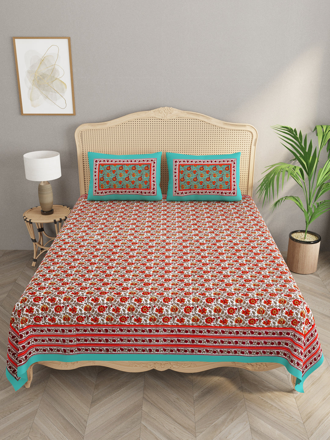 Floral Print Cotton Double King Bedsheet with 2 Pillow Covers