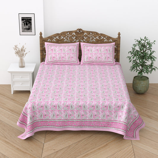 Floral Print Cotton Double King Bedsheet with 2 Pillow Covers