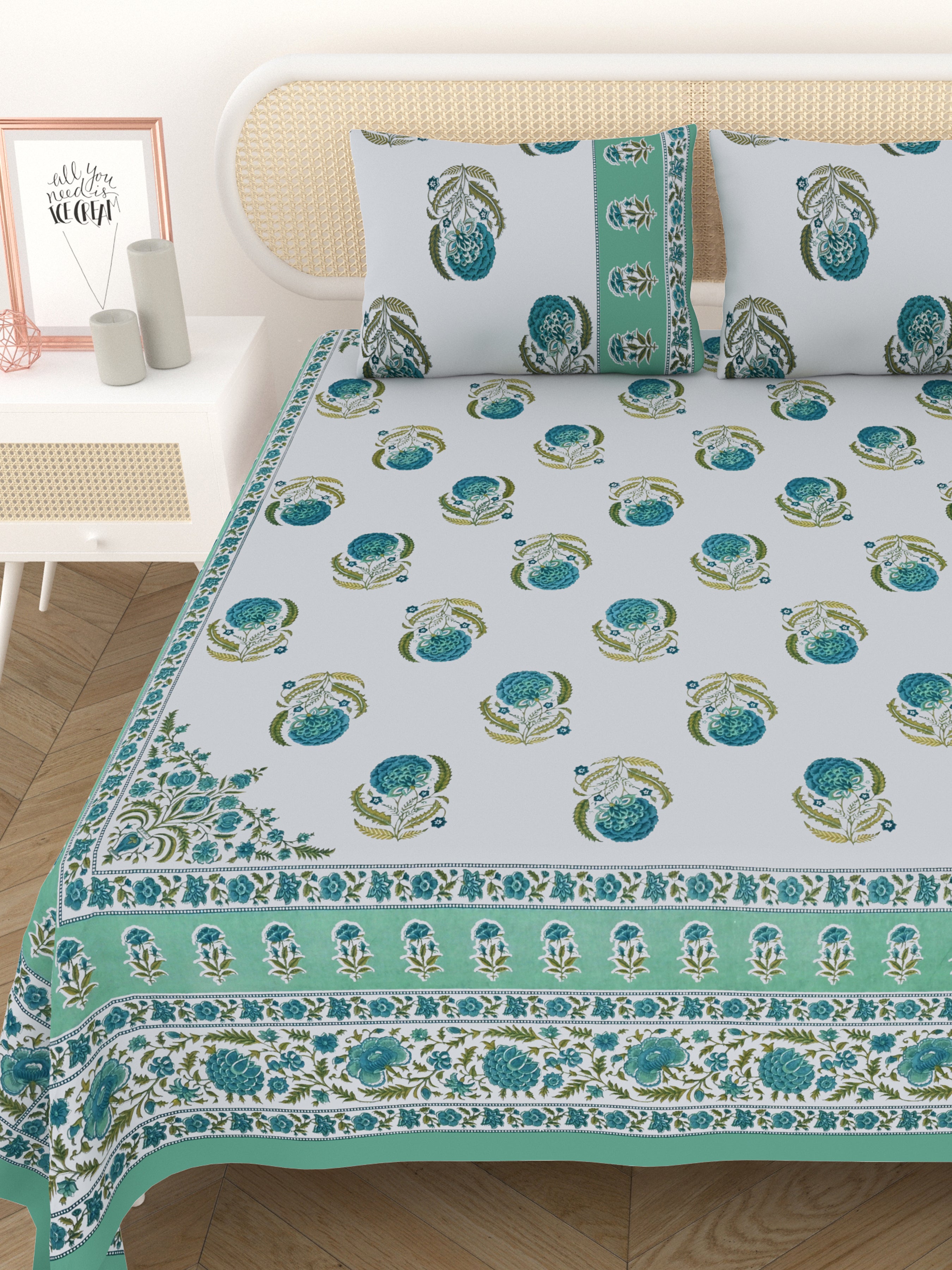 Cotton Printed Bedsheet with 2 Pillow Covers - (108 x 108 Inch)