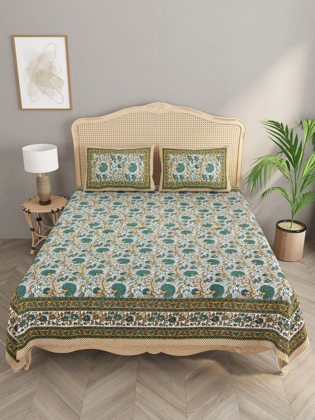 Floral Print Cotton Double King Bedsheet with 2 Pillow Covers