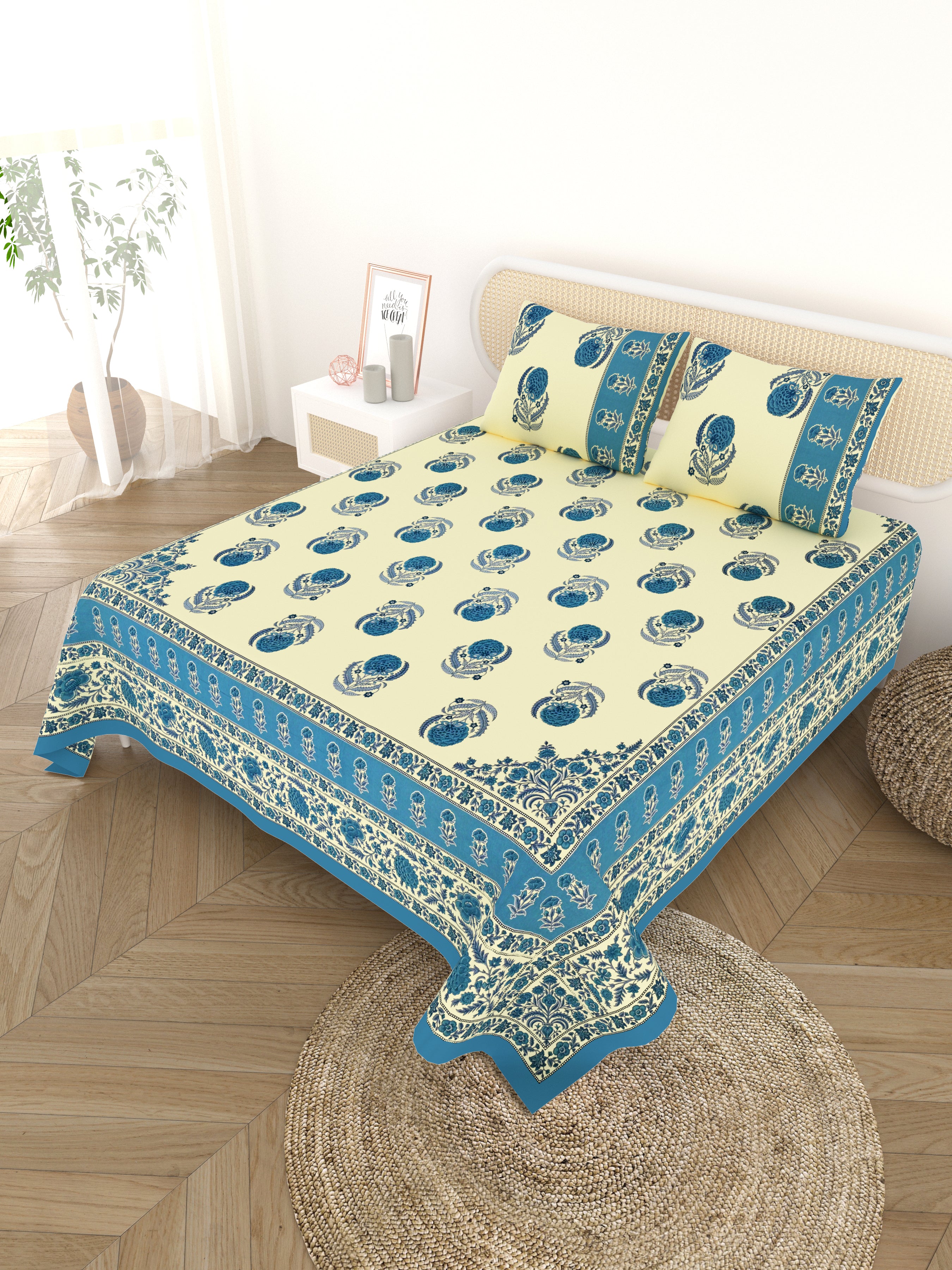 Cotton Printed Bedsheet with 2 Pillow Covers - (108 x 108 Inch)