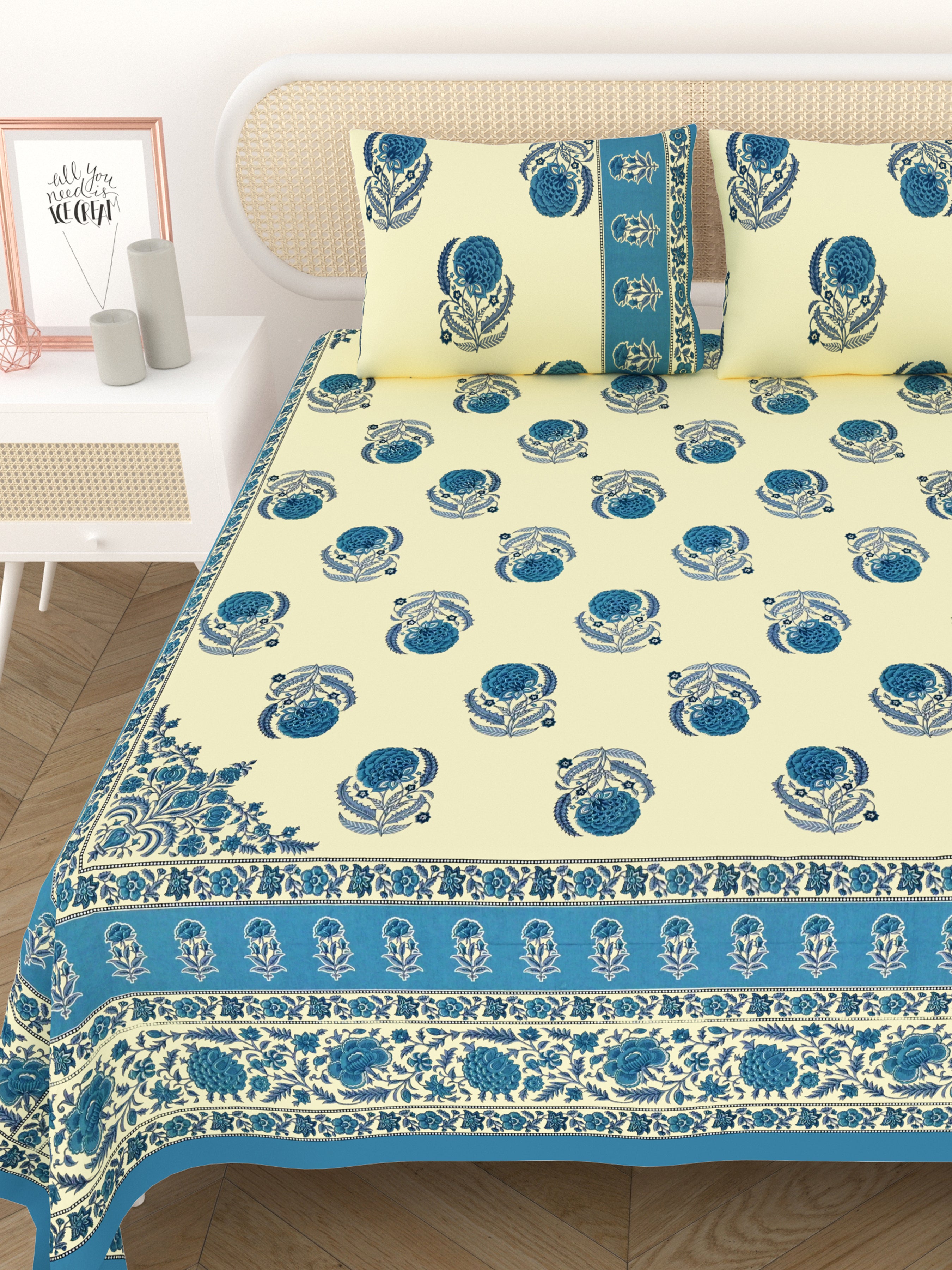 Cotton Printed Bedsheet with 2 Pillow Covers - (108 x 108 Inch)