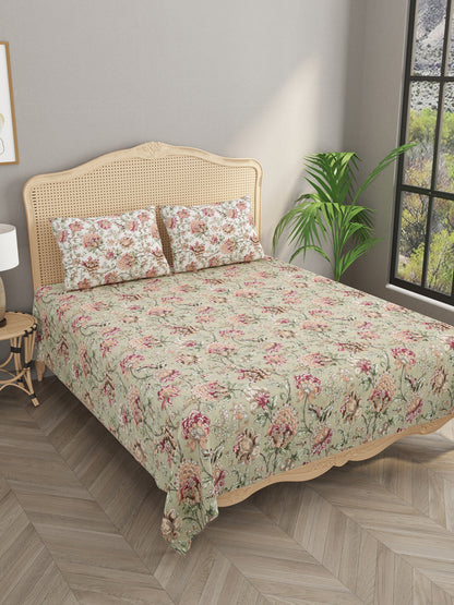 Floral Print Cotton Super King Bedsheet with 2 Reversible Pillow Covers