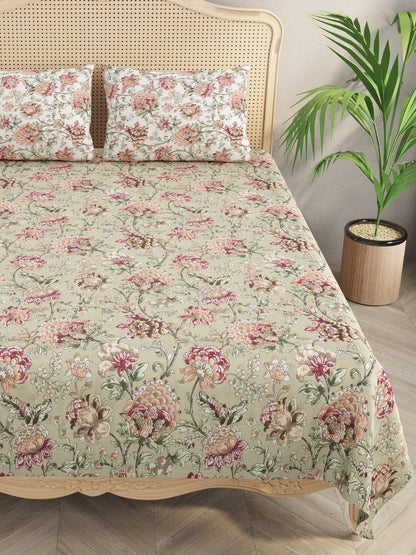 Floral Print Cotton Super King Bedsheet with 2 Reversible Pillow Covers