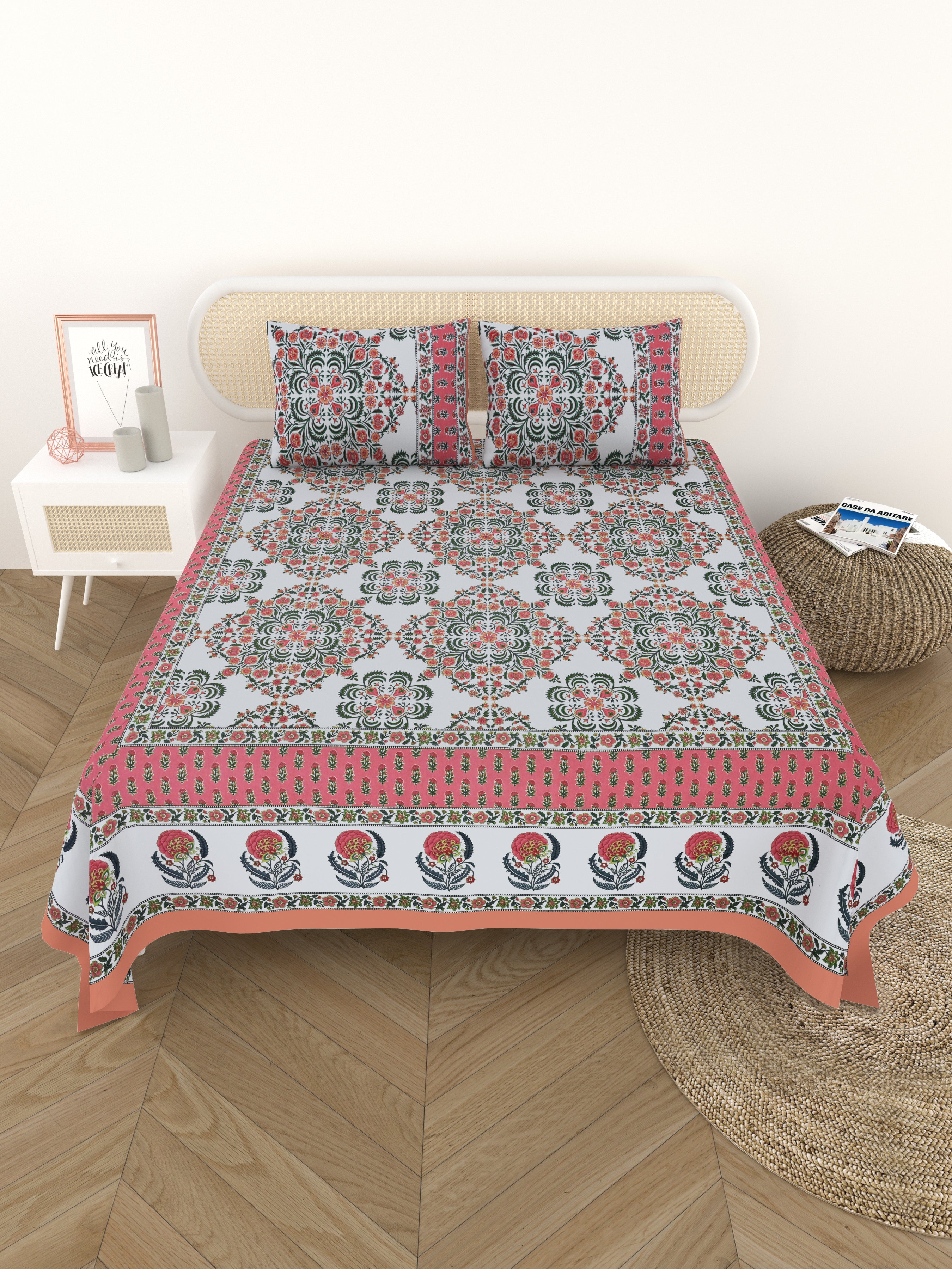 Cotton Printed Bedsheet with 2 Pillow Covers - (108 x 108 Inch)
