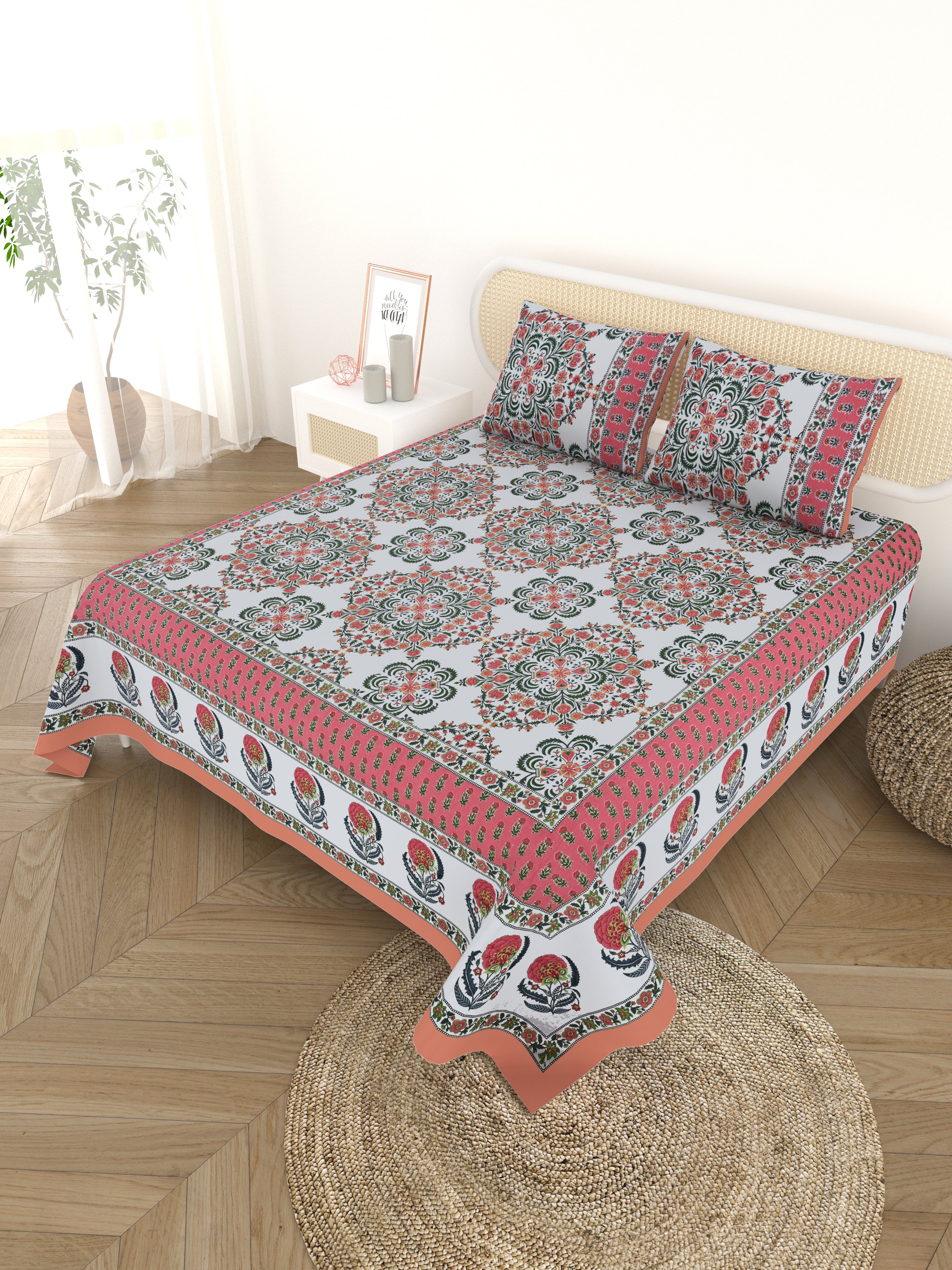 Cotton Printed Bedsheet with 2 Pillow Covers - (108 x 108 Inch)