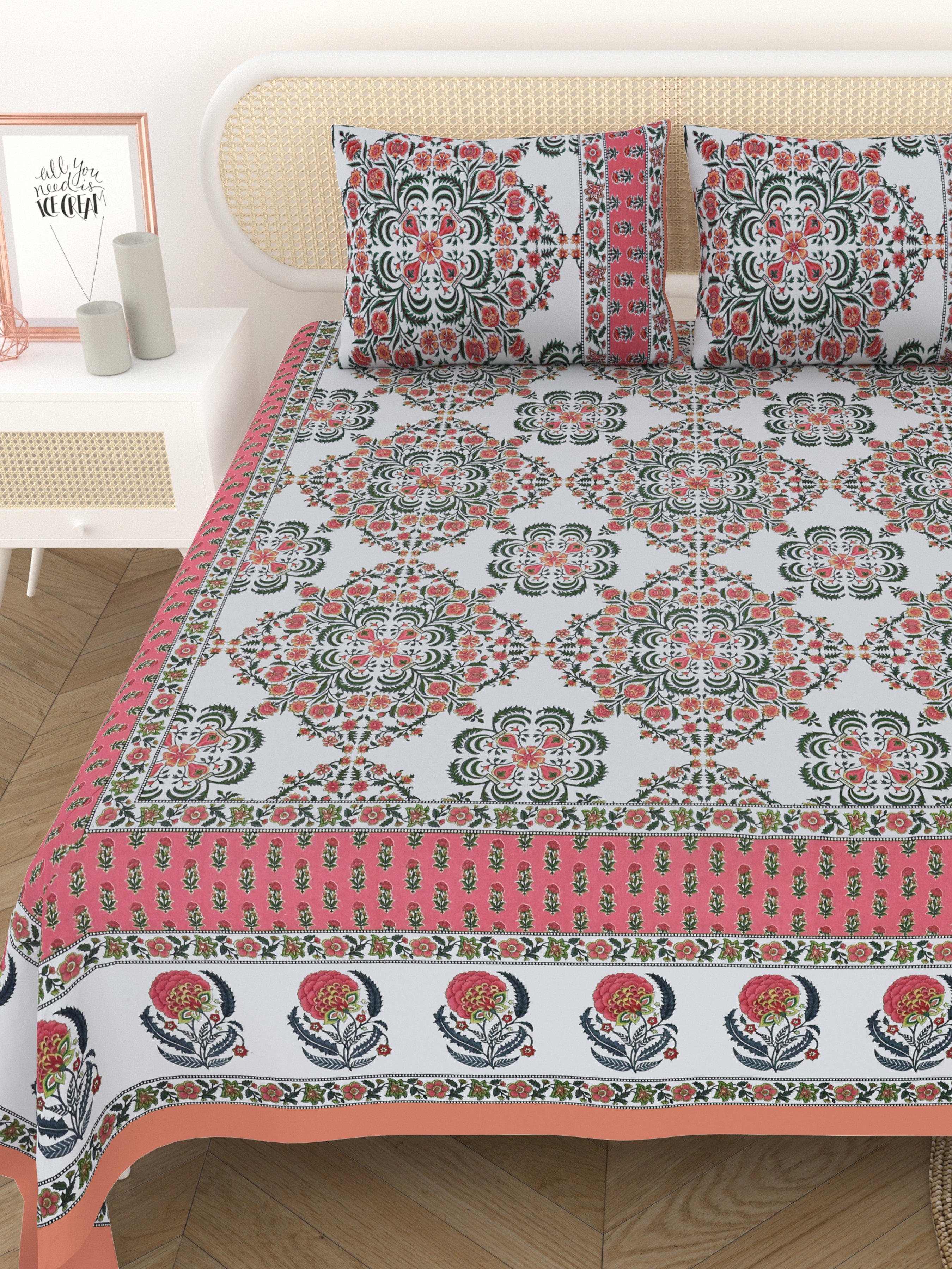 Cotton Printed Bedsheet with 2 Pillow Covers - (108 x 108 Inch)