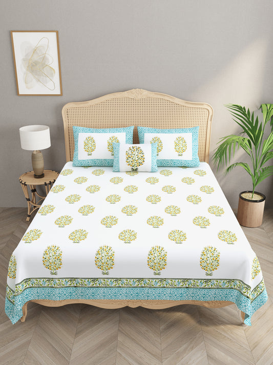 Extra Soft Percale Cotton Super King Handblock Print Bedsheet with 2 Pillow Covers + 1 Sham Pillow Cover