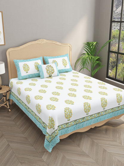 Extra Soft Percale Cotton Super King Handblock Print Bedsheet with 2 Pillow Covers + 1 Sham Pillow Cover