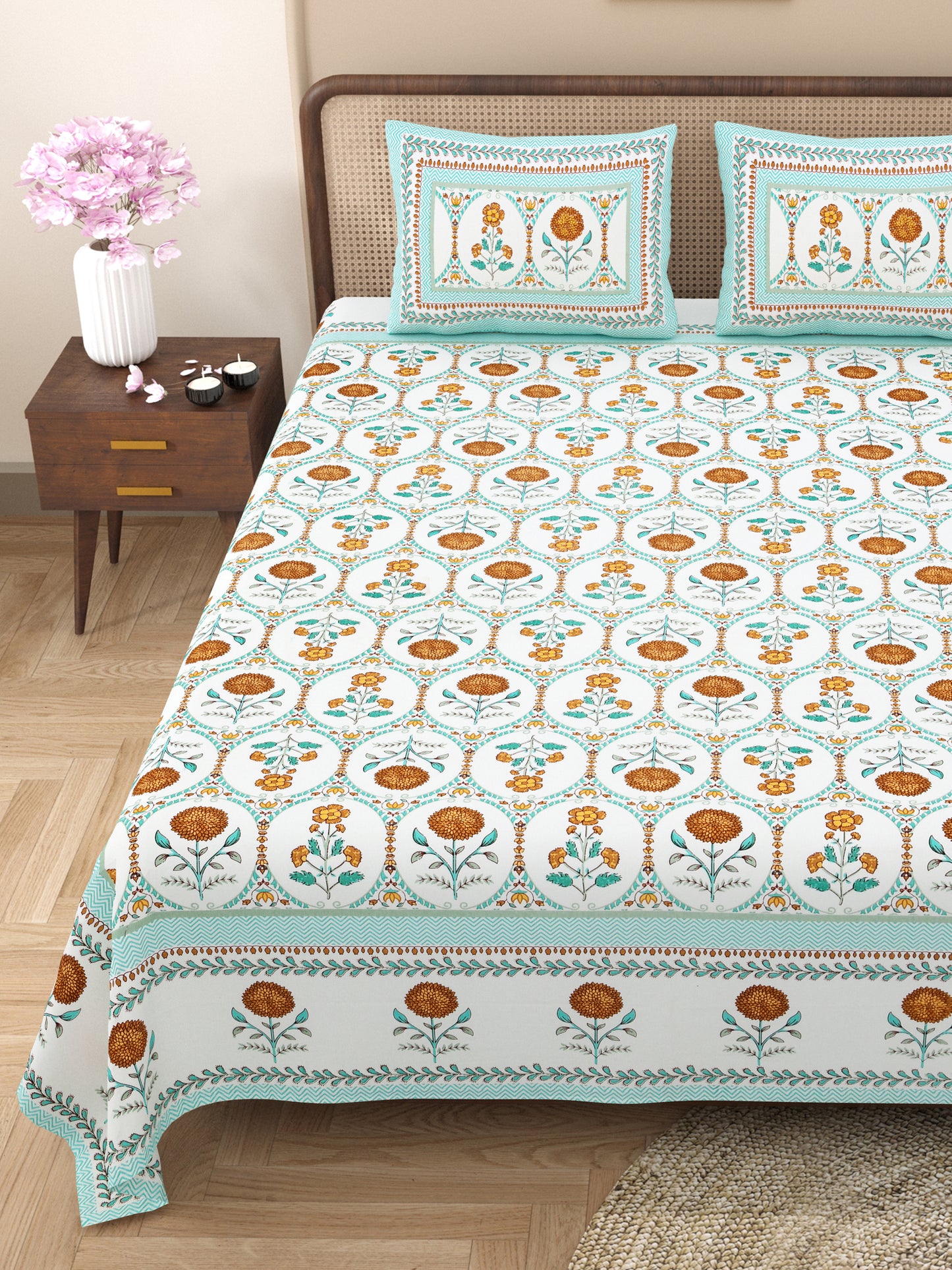 Floral Print Cotton Double King Bedsheet with 2 Pillow Covers