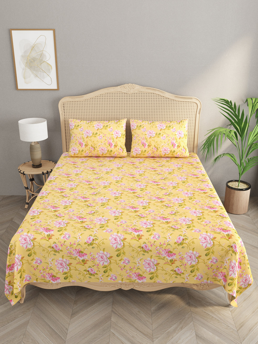 Floral Print Super King Cotton Bedsheet with 2 Pillow Covers