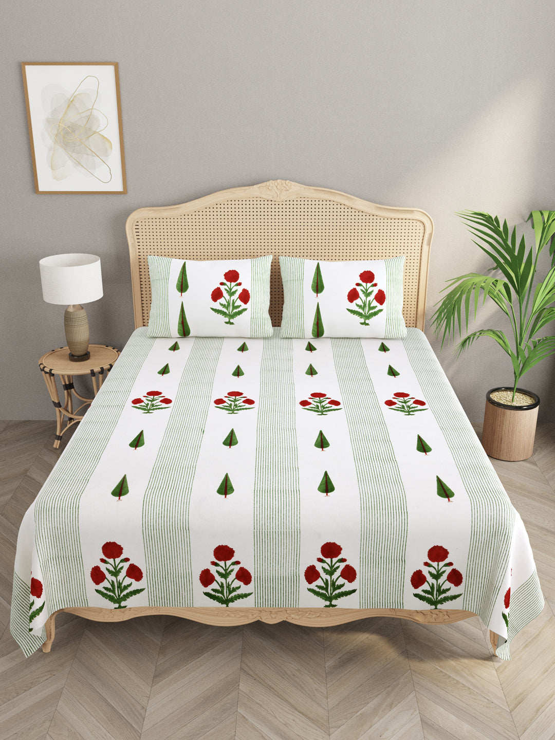 Extra Soft Percale Cotton Super King Handblock Print Bedsheet with 2 Pillow Covers