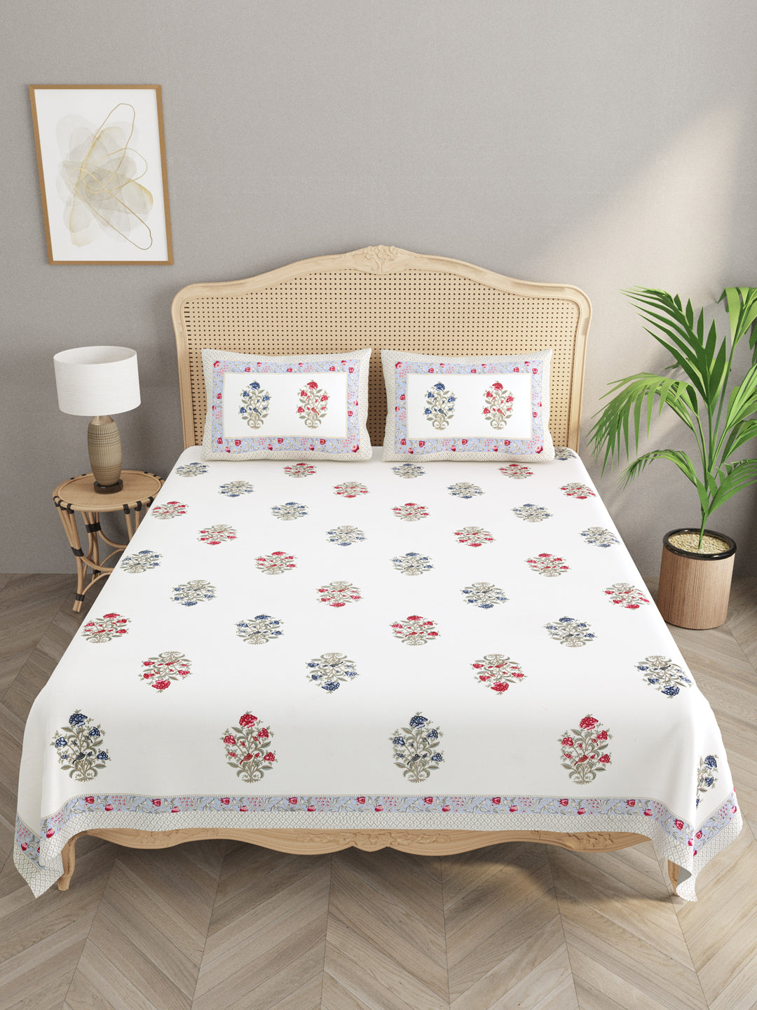 00 Extra Soft Percale Cotton Double King Handblock Print Bedsheet with 2 Pillow Covers