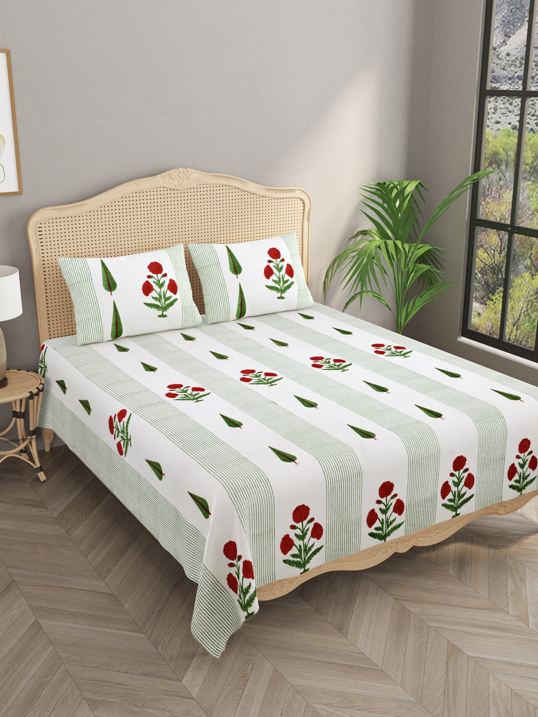 Extra Soft Percale Cotton Super King Handblock Print Bedsheet with 2 Pillow Covers