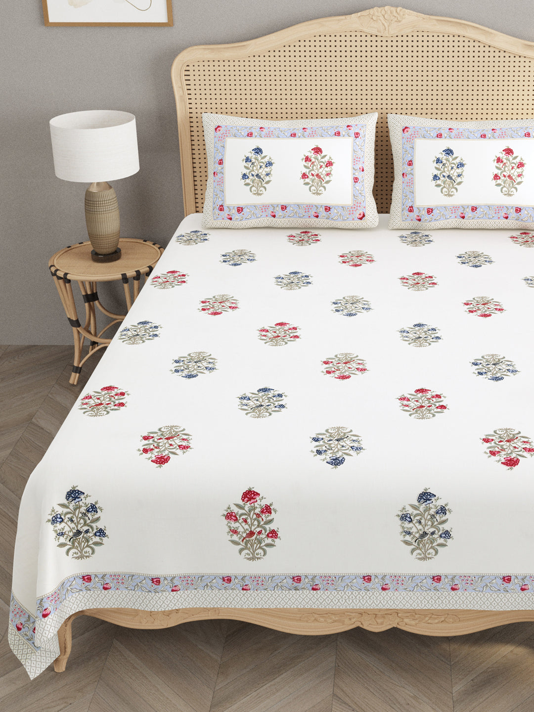 00 Extra Soft Percale Cotton Double King Handblock Print Bedsheet with 2 Pillow Covers