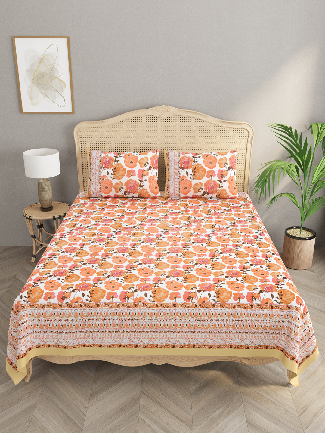 Floral Print Cotton Super King Bedsheet with 2 Reversible Pillow Covers