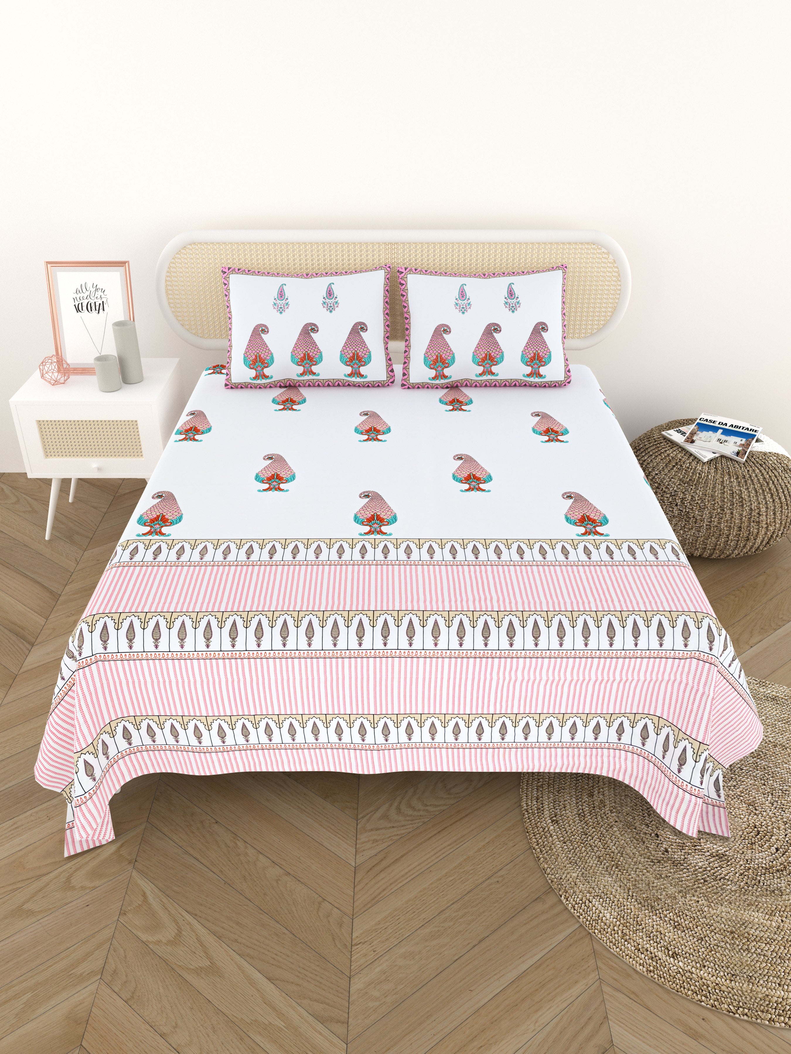 Extra Soft Percale Cotton Super King Handblock Print Bedsheet with 2 Pillow Covers