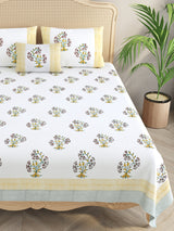 Extra Soft Percale Cotton Super King Handblock Print Bedsheet with 2 Pillow Covers + 1 Sham Pillow Cover