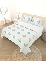 Quilted Floral Printed Reversible Bedcover with 2 Pillow Covers