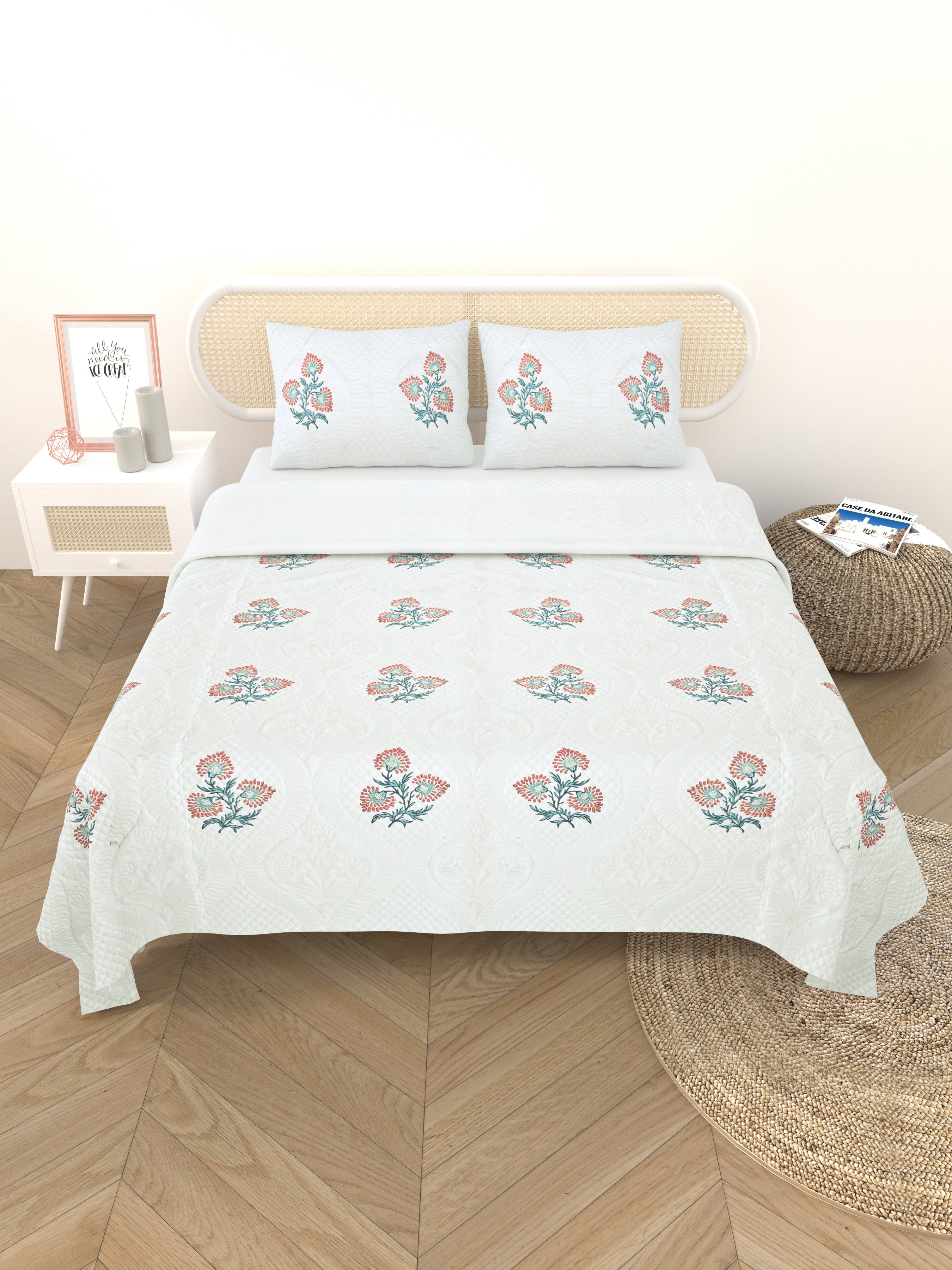 Quilted Floral Printed Reversible Bedcover with 2 Pillow Covers