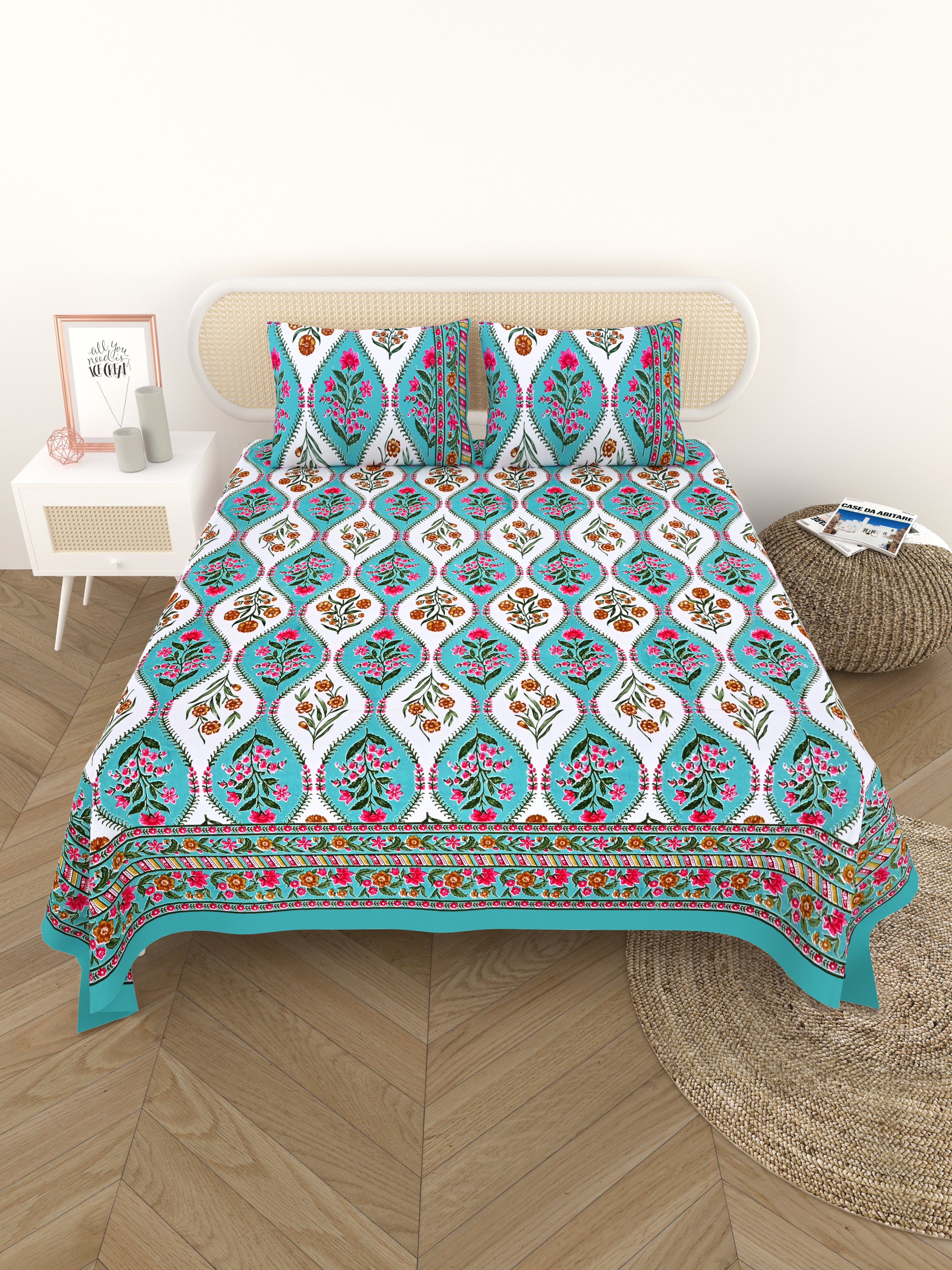 Cotton Printed Bedsheet with 2 Pillow Covers - (108 x 108 Inch)