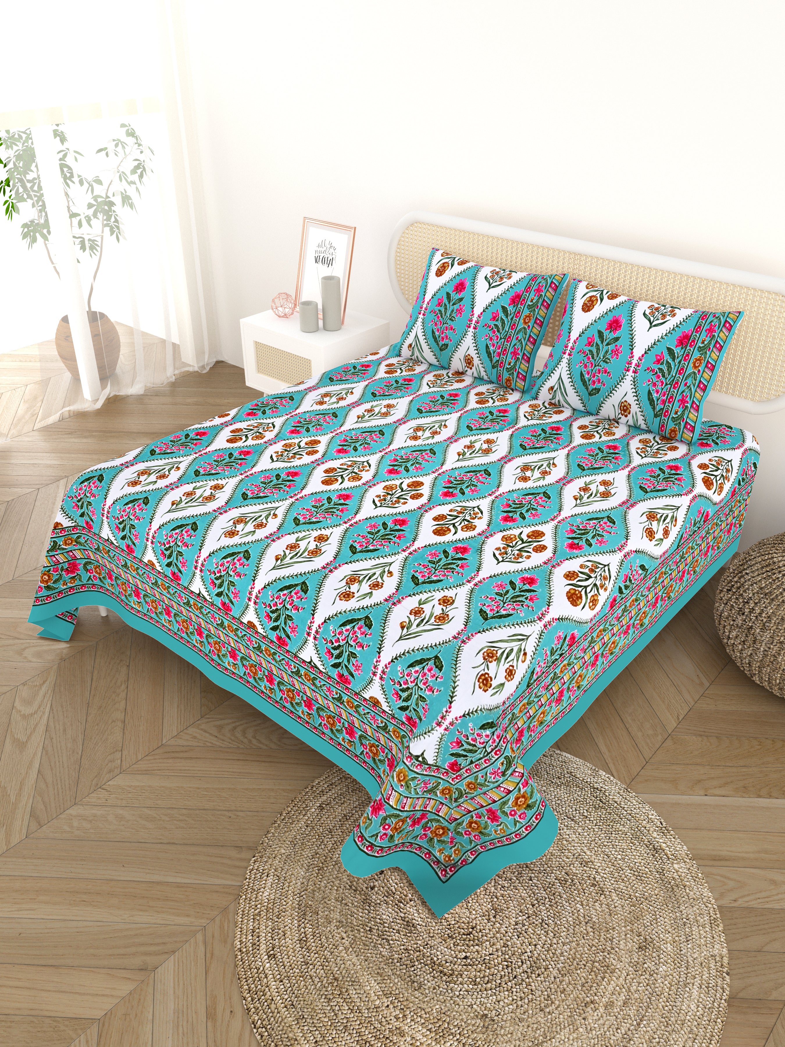 Cotton Printed Bedsheet with 2 Pillow Covers - (108 x 108 Inch)