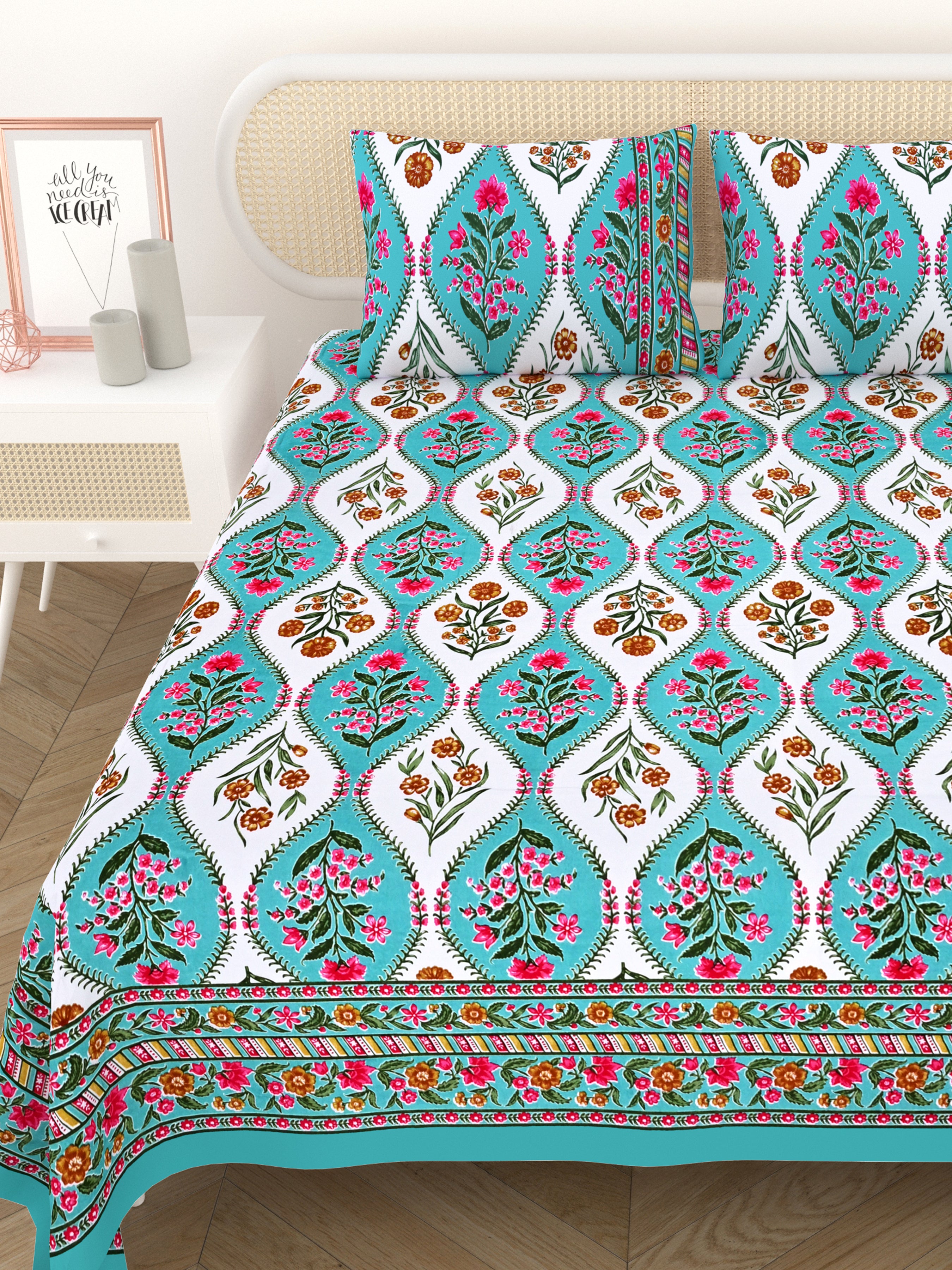 Cotton Printed Bedsheet with 2 Pillow Covers - (108 x 108 Inch)