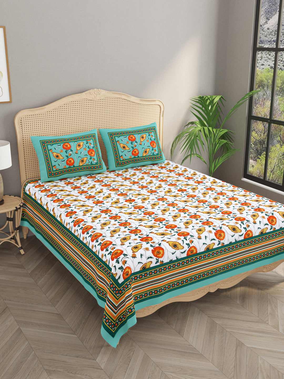 Floral Print Cotton Double King Bedsheet with 2 Pillow Covers
