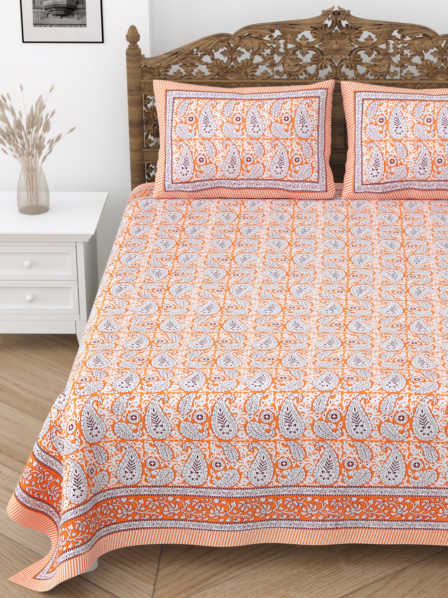 Floral Print Cotton Double King Bedsheet with 2 Pillow Covers