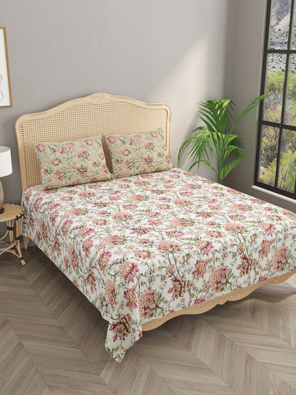 Floral Print Cotton Super King Bedsheet with 2 Reversible Pillow Covers