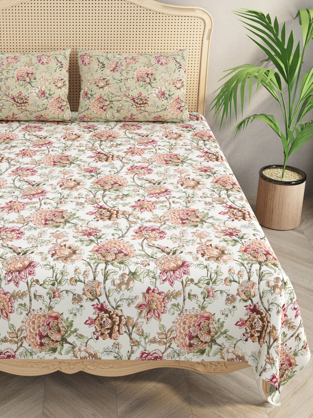 Floral Print Cotton Super King Bedsheet with 2 Reversible Pillow Covers