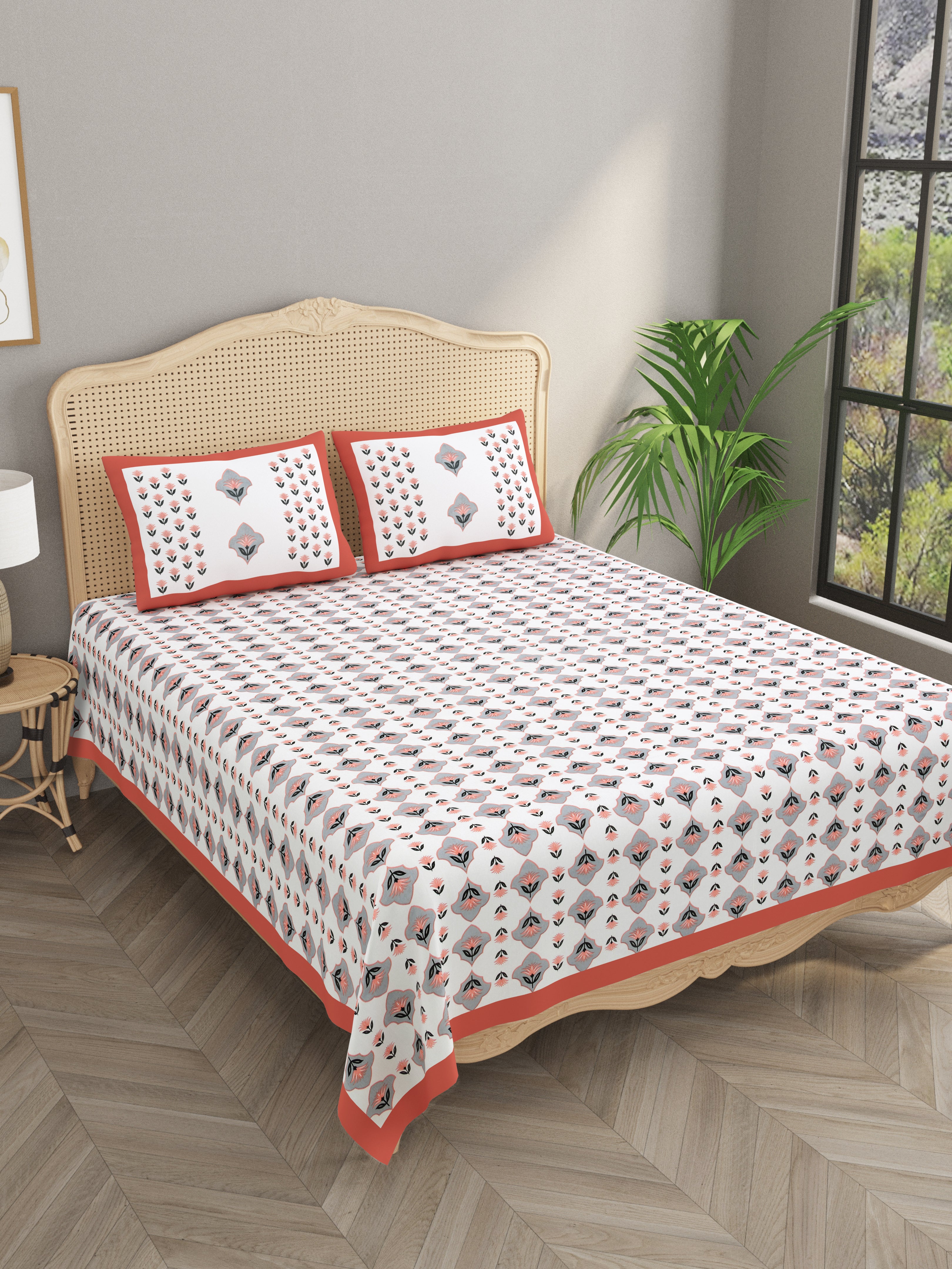 Floral Print Cotton Double King Bedsheet with 2 Pillow Covers
