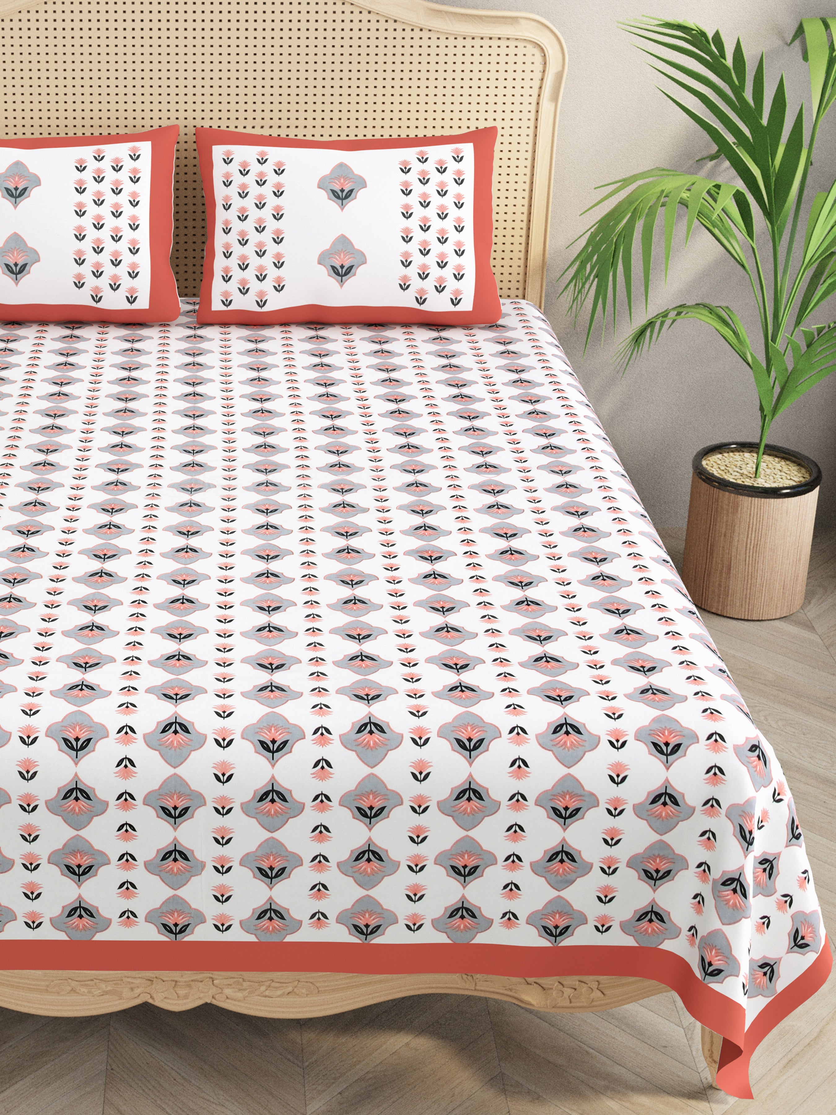 Floral Print Cotton Double King Bedsheet with 2 Pillow Covers