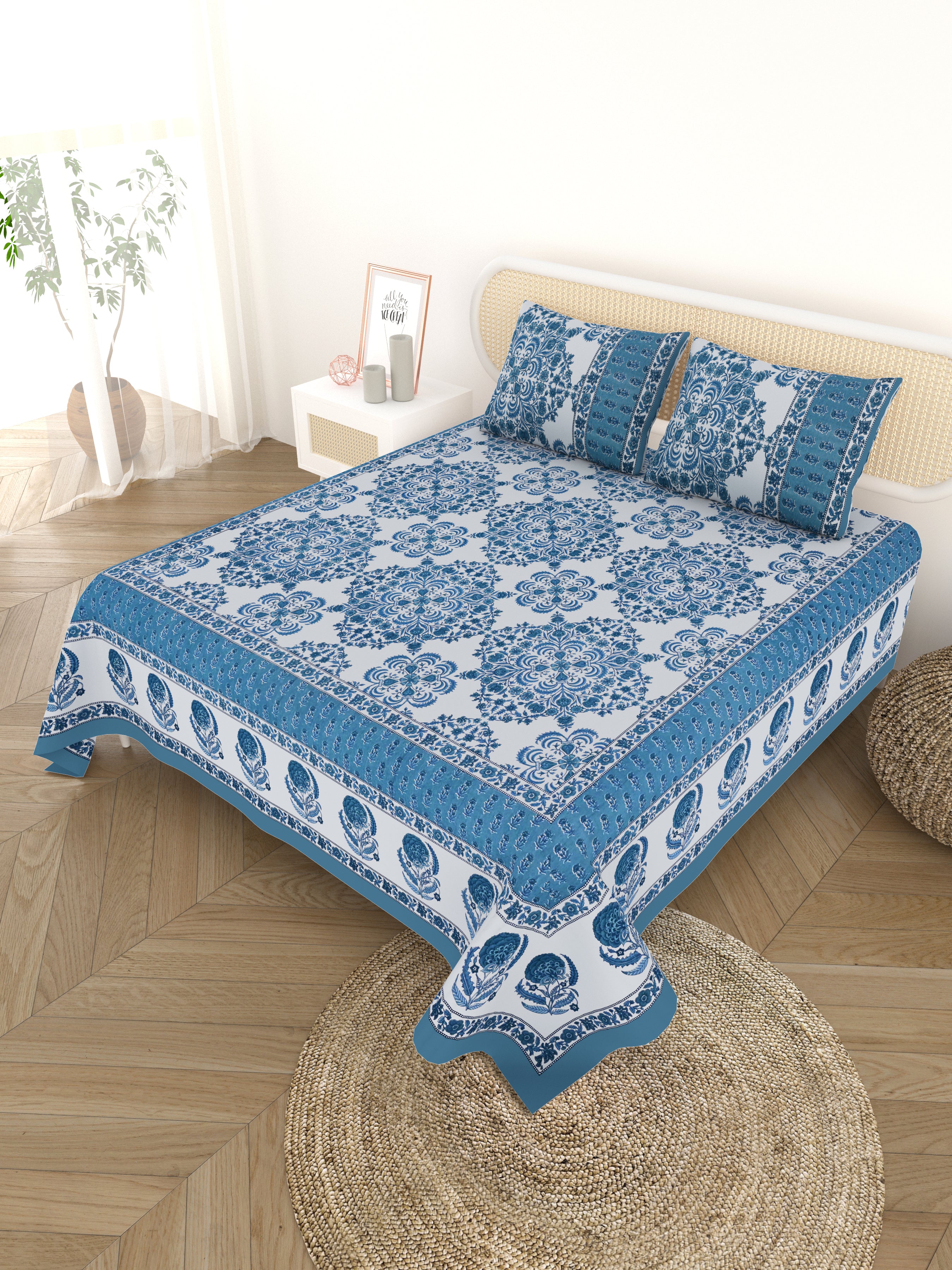 Cotton Printed Bedsheet with 2 Pillow Covers - (108 x 108 Inch)