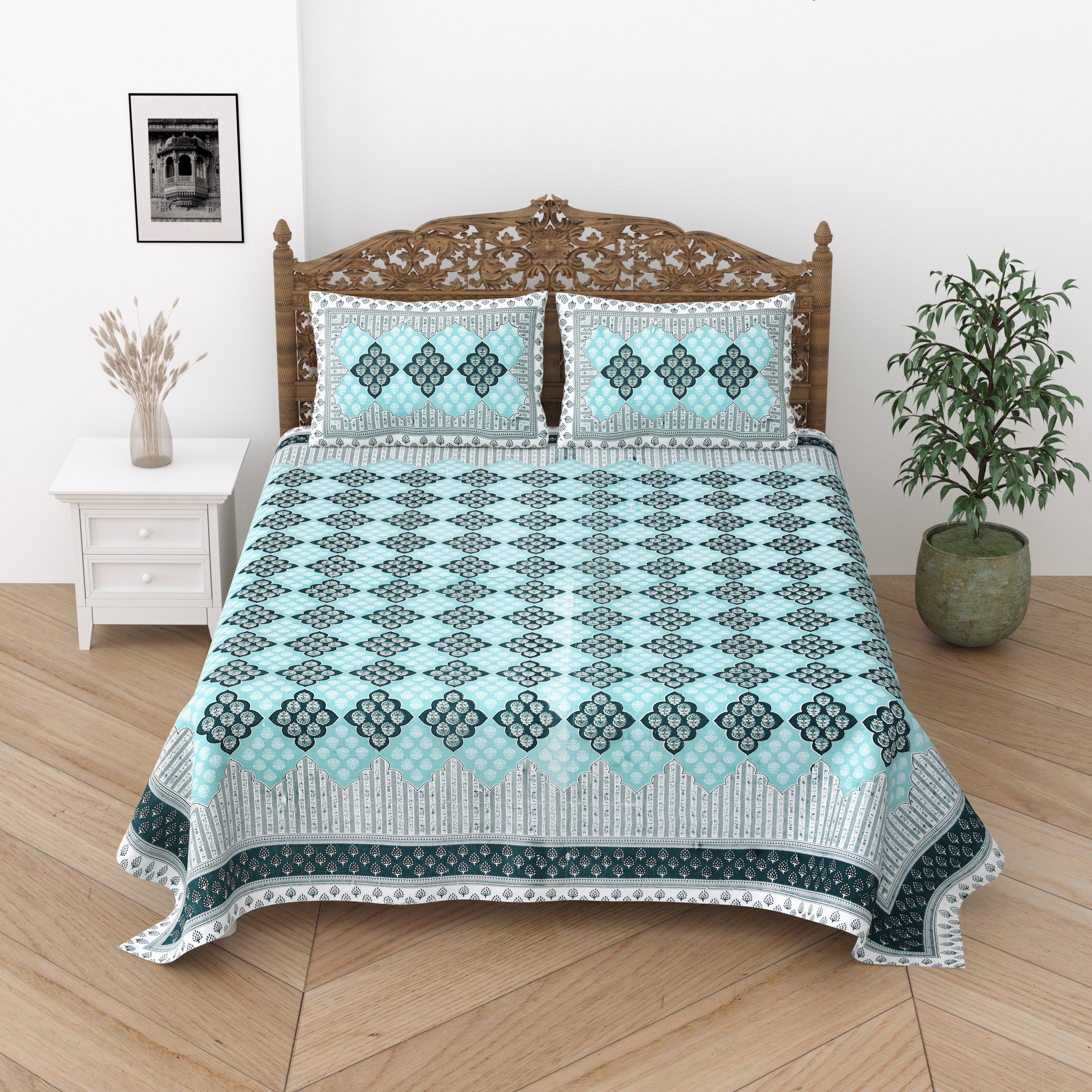 Floral Print Cotton Double King Bedsheet with 2 Pillow Covers