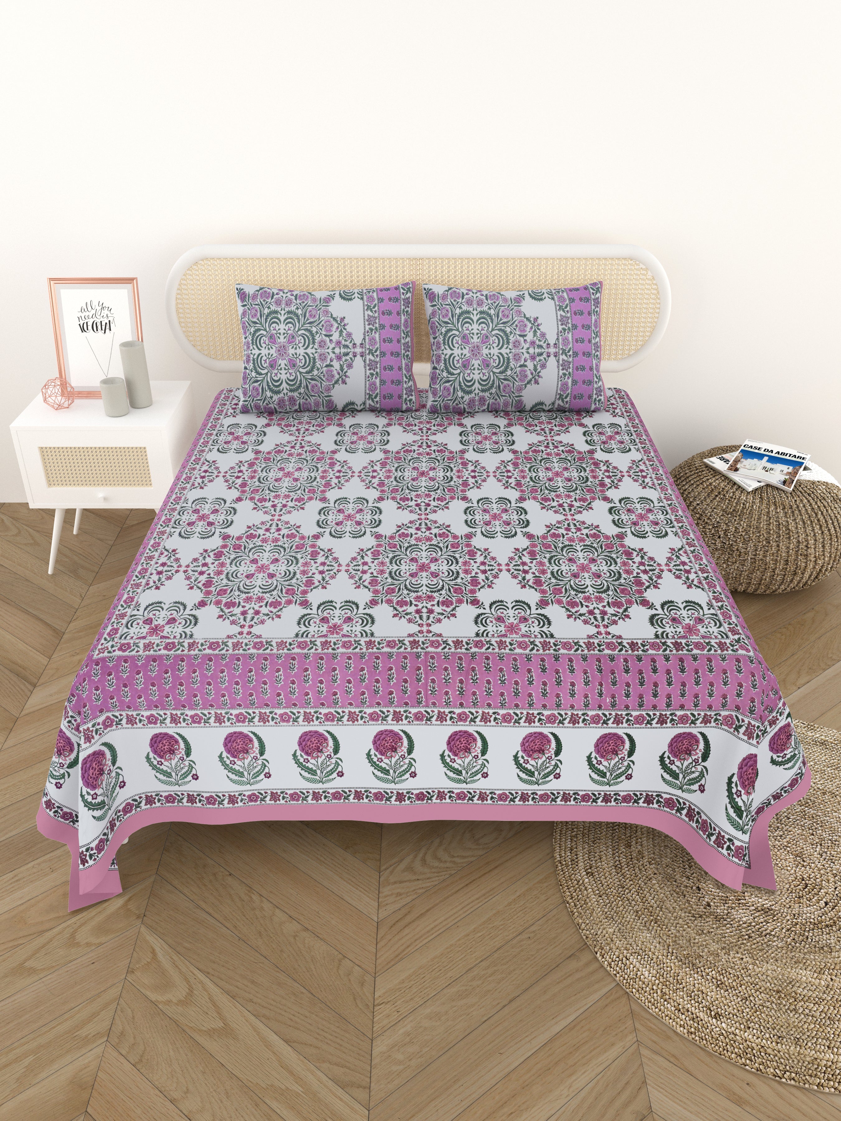 Cotton Printed Bedsheet with 2 Pillow Covers - (108 x 108 Inch)