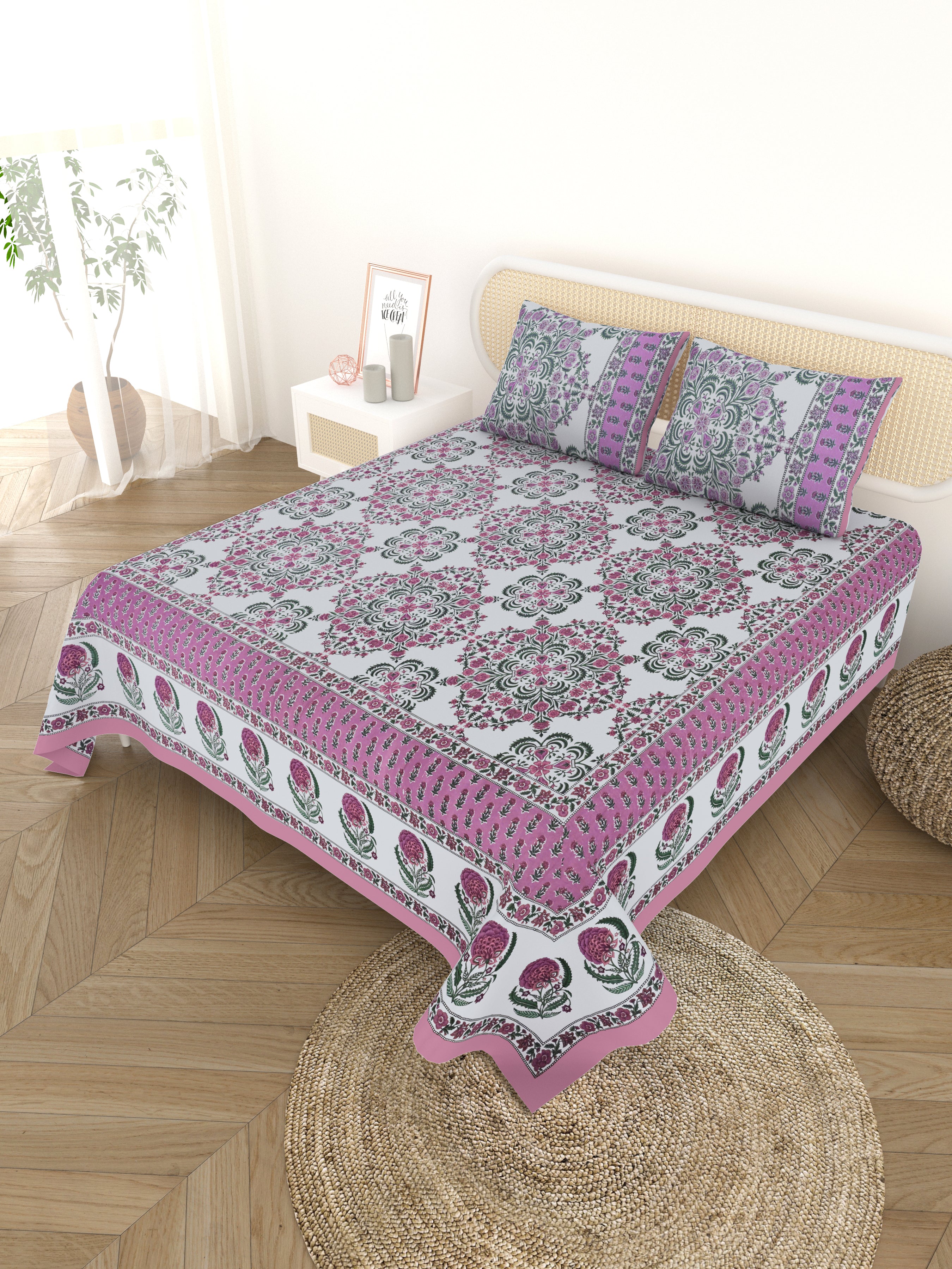 Cotton Printed Bedsheet with 2 Pillow Covers - (108 x 108 Inch)