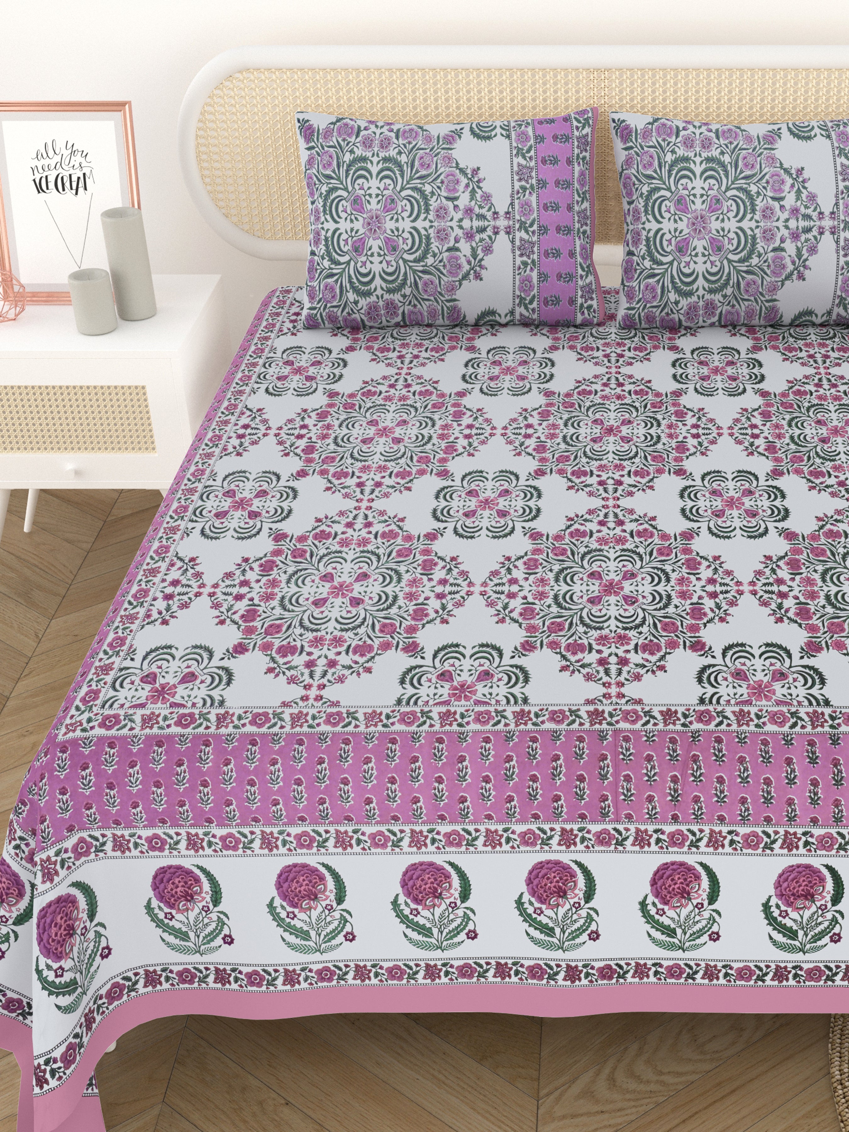 Cotton Printed Bedsheet with 2 Pillow Covers - (108 x 108 Inch)