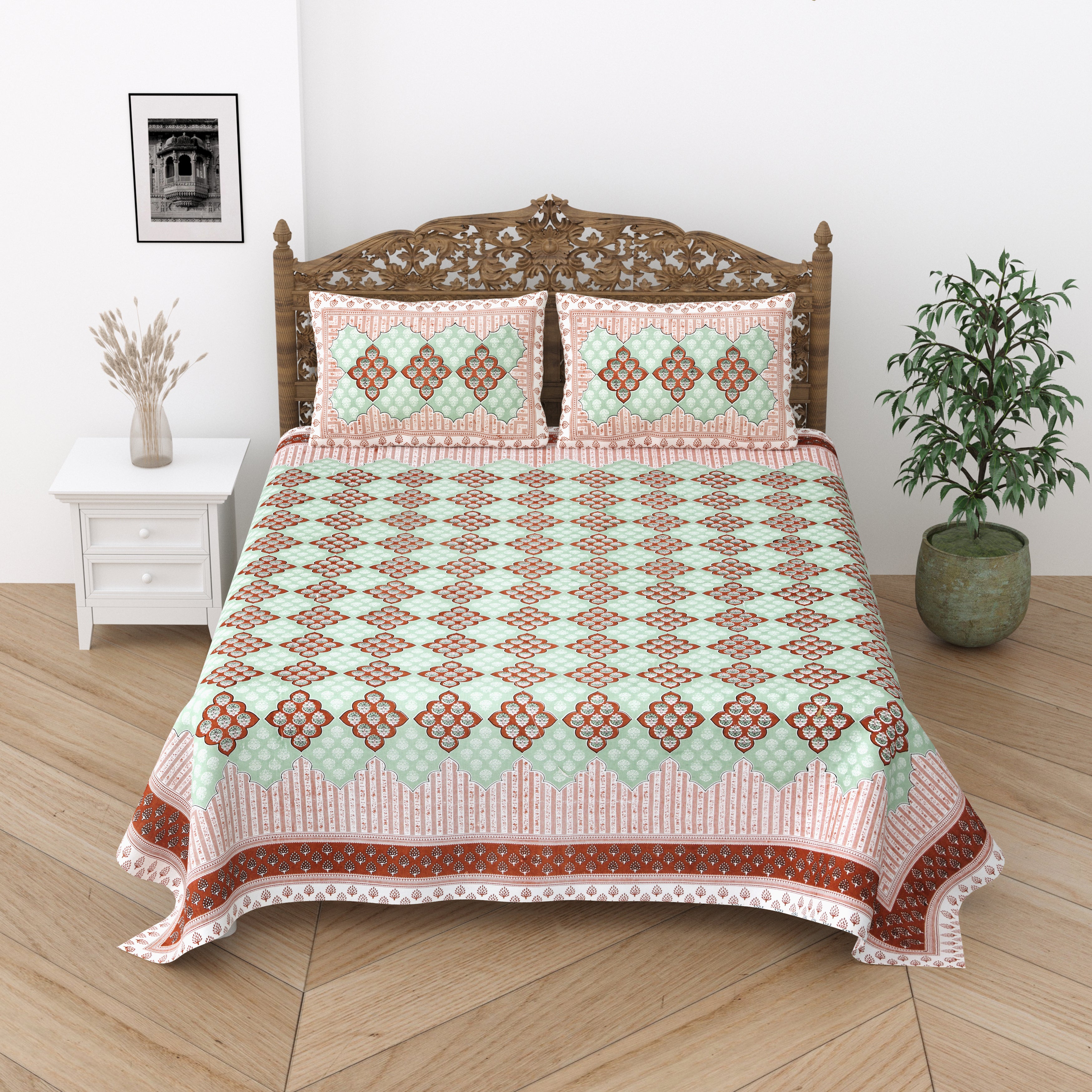 Floral Print Cotton Double King Bedsheet with 2 Pillow Covers
