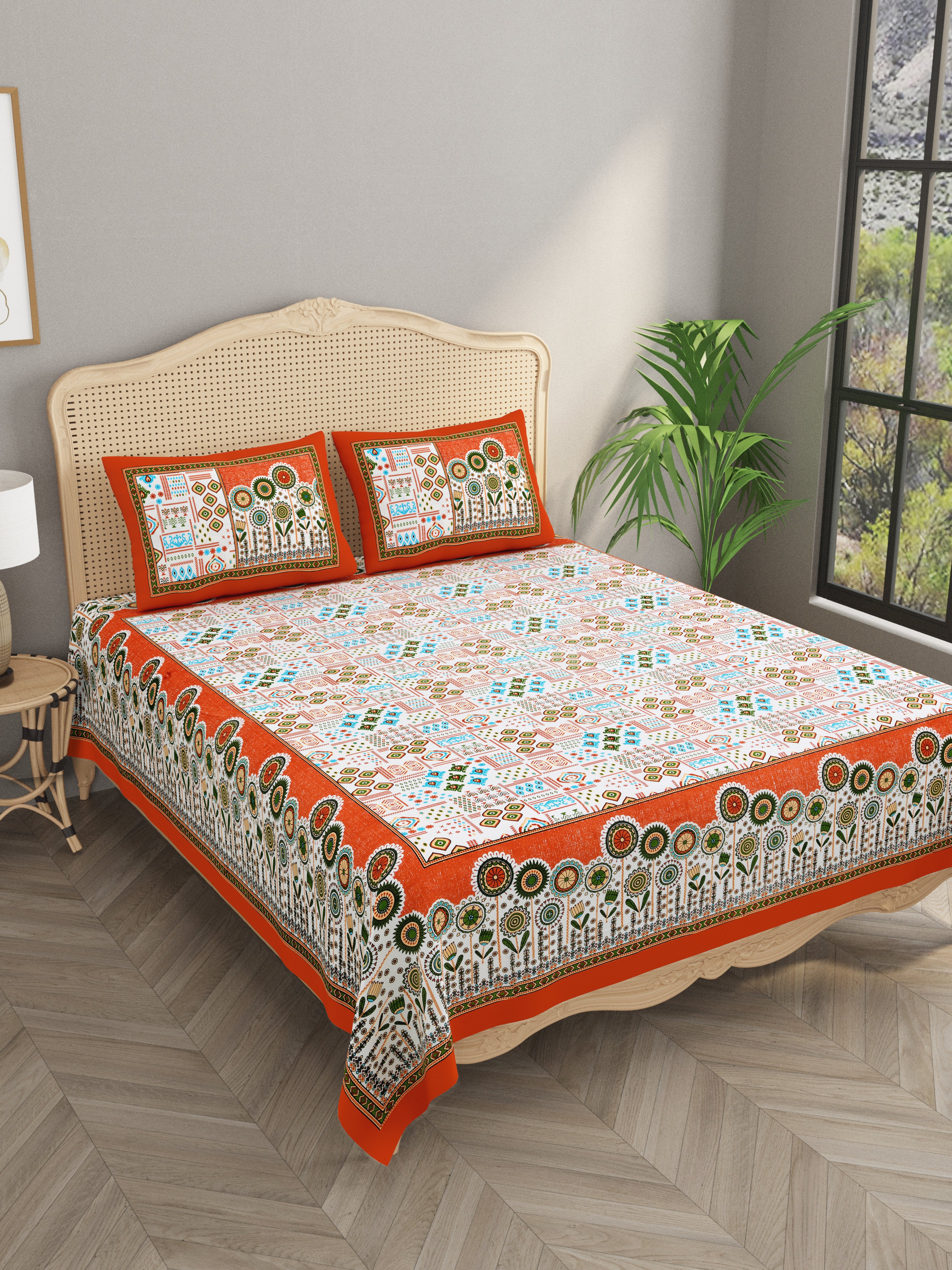 Floral Print Cotton Double King Bedsheet with 2 Pillow Covers
