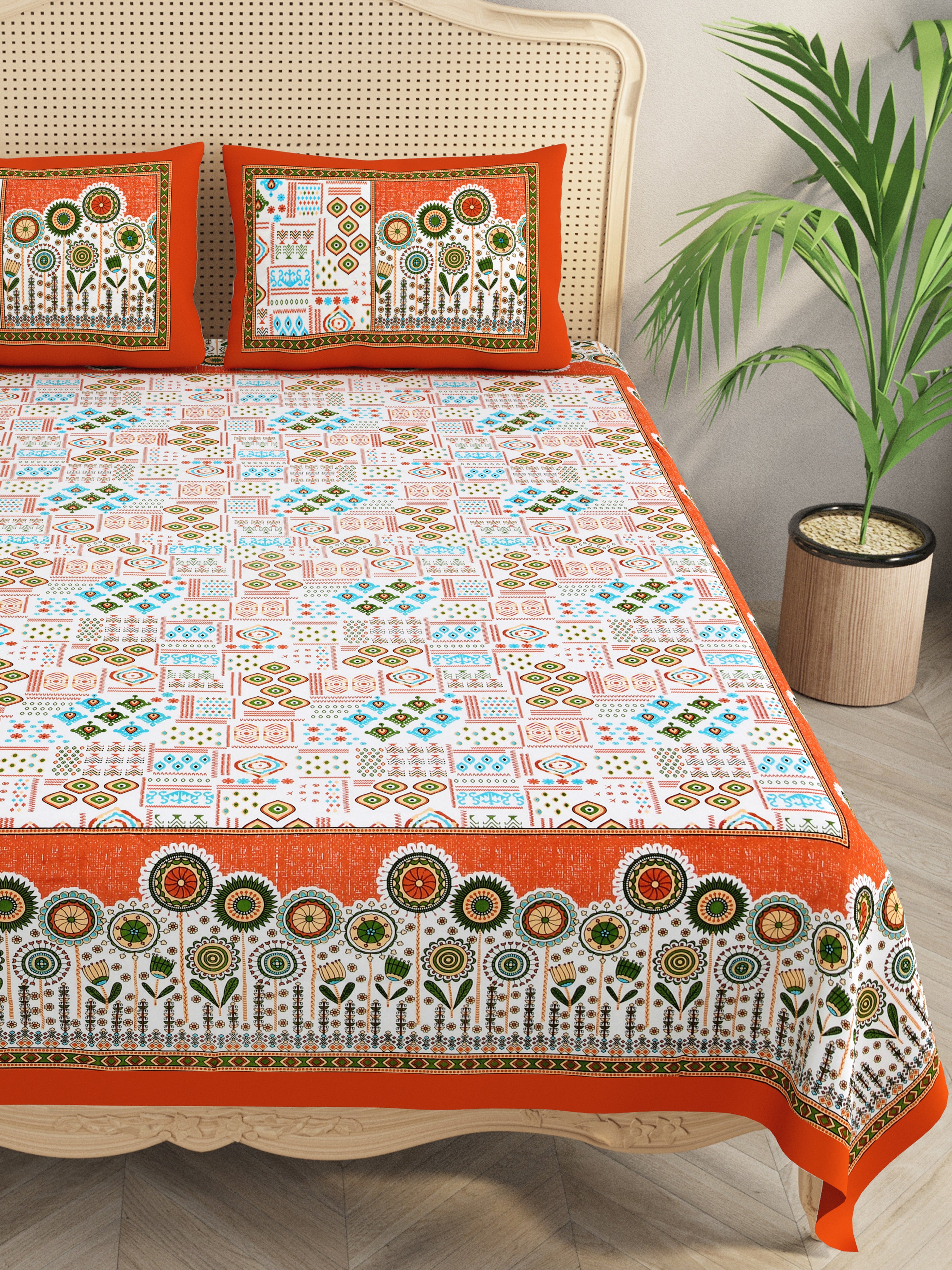 Floral Print Cotton Double King Bedsheet with 2 Pillow Covers