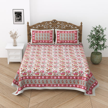 Floral Print Cotton Double King Bedsheet with 2 Pillow Covers