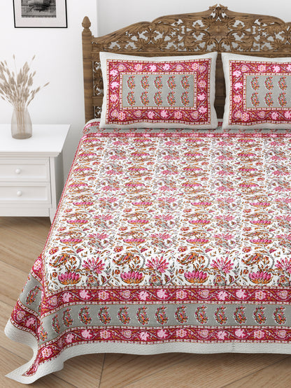 Floral Print Cotton Double King Bedsheet with 2 Pillow Covers