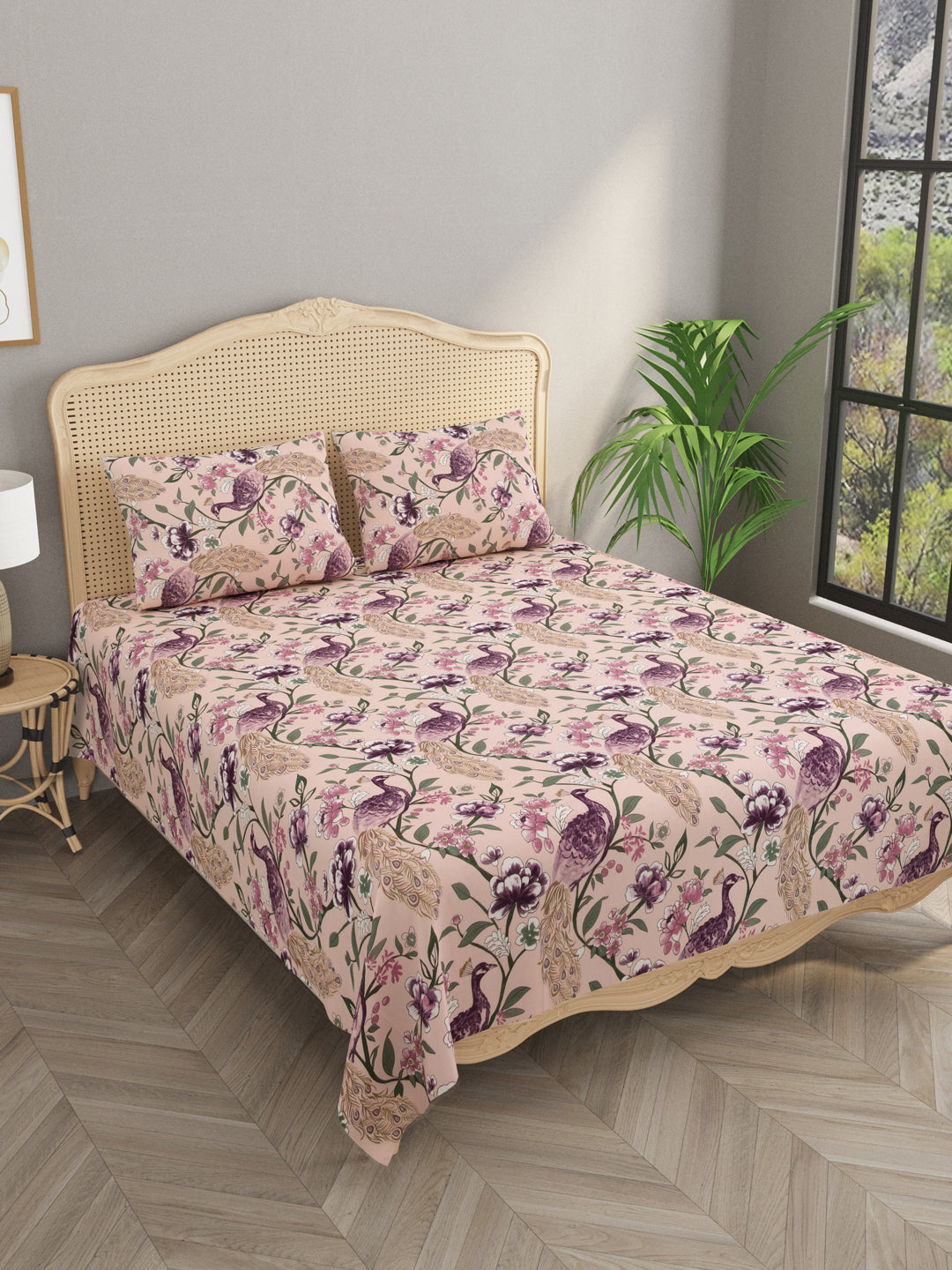 Floral Print Cotton Super King Bedsheet with 2 Reversible Pillow Covers