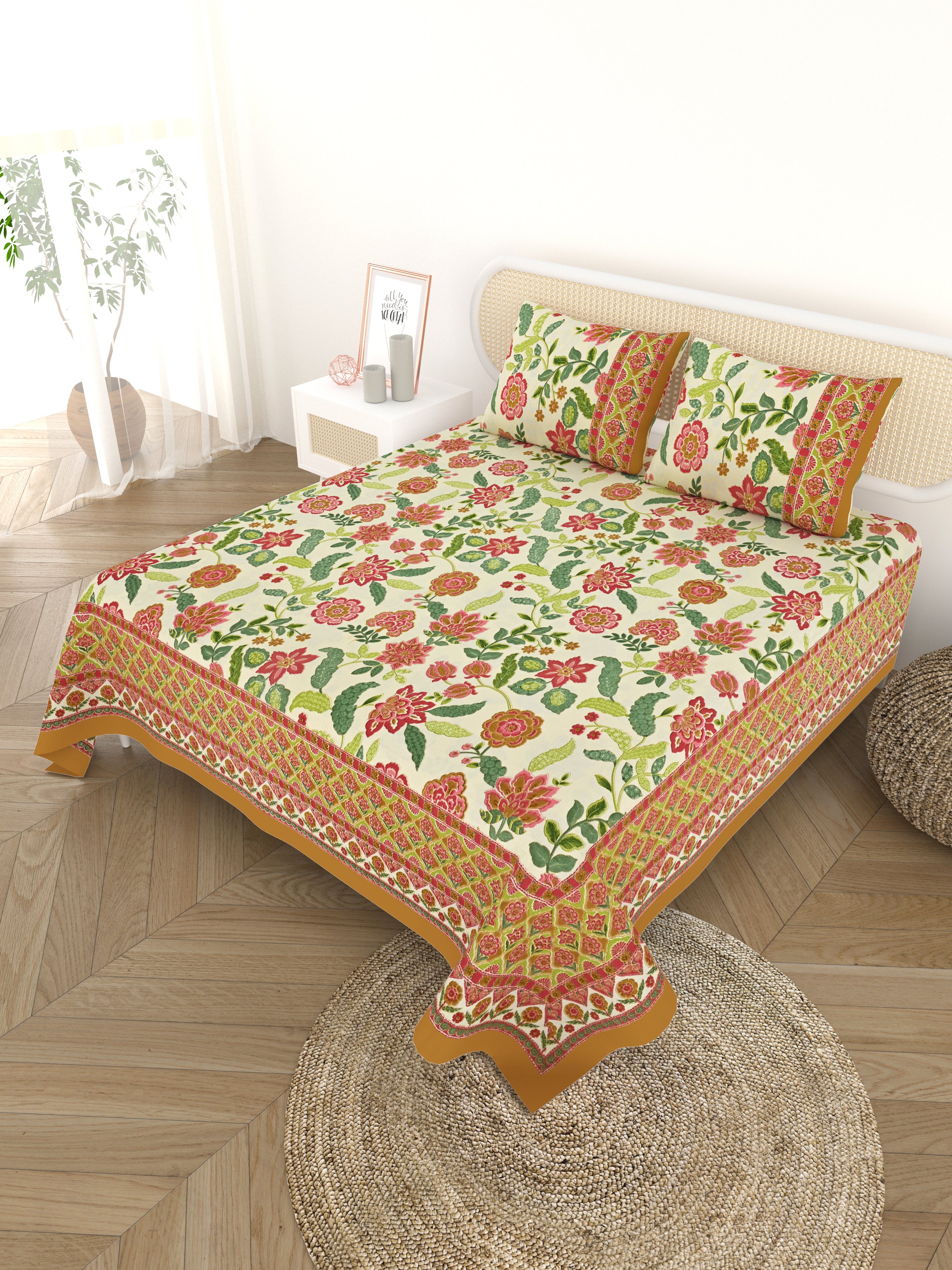 Cotton Printed Bedsheet with 2 Pillow Covers - (108 x 108 Inch)