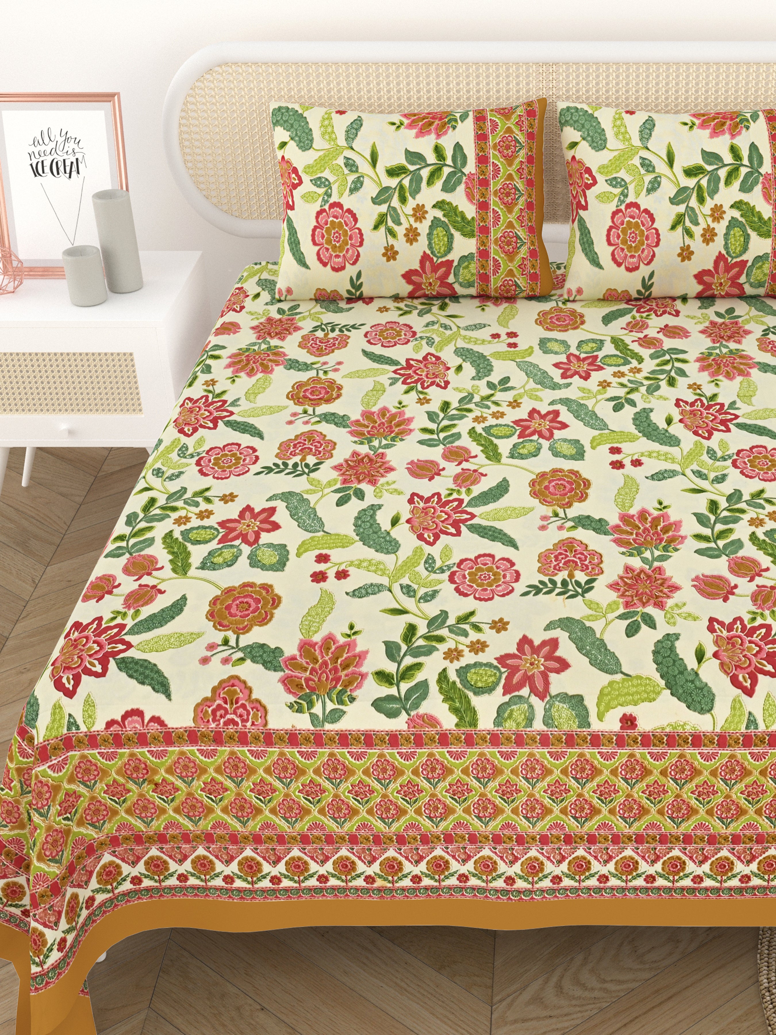 Cotton Printed Bedsheet with 2 Pillow Covers - (108 x 108 Inch)