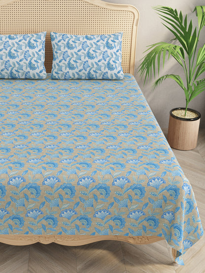 Floral Print Super King Cotton Bedsheet with 2 Pillow Covers