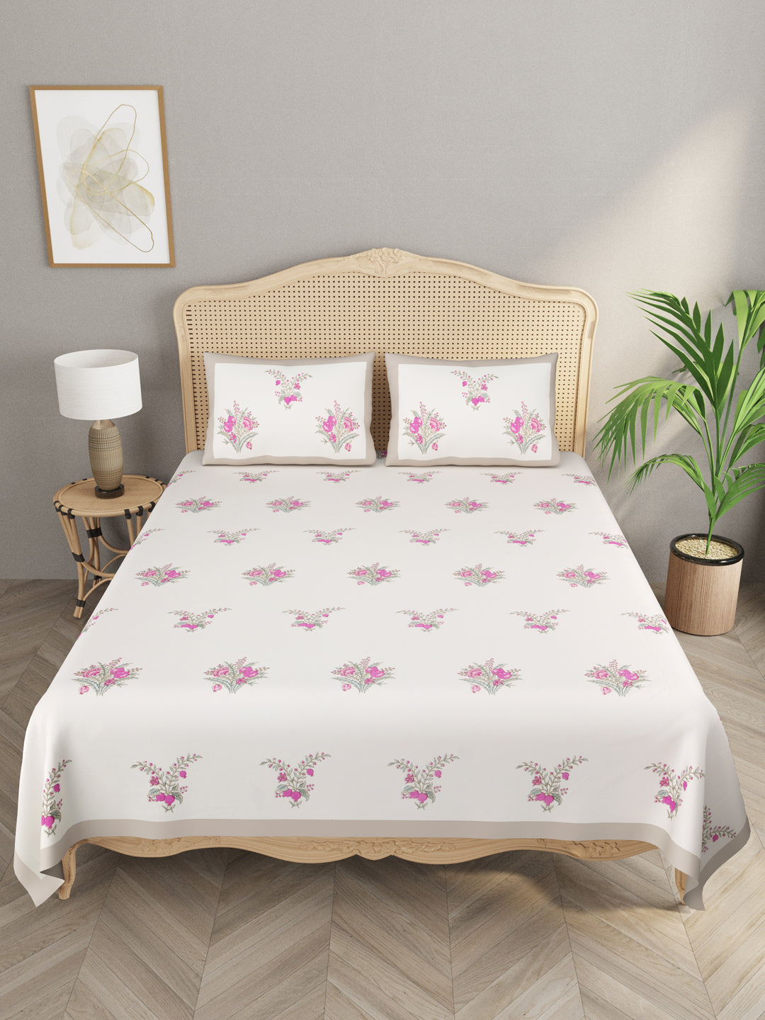 Handblock Print Super King Bedsheet in Extra Soft Percale Cotton with 2 Pillow covers