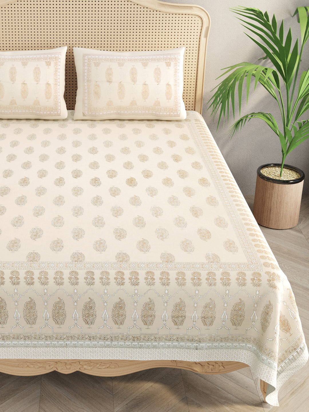 Cotton Gold Print Double King Bedsheet with 2 Pillow Covers